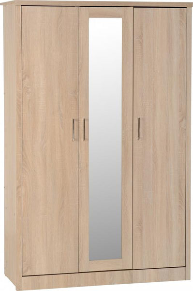Lisbon 3 door wardrobe available in either light oak veneer effect or black wood grain