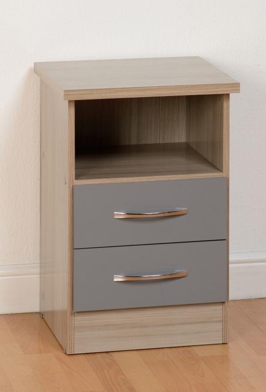 Nevada 2 Drawer Bedside Chest in Grey Glos/Light Oak Veneer.