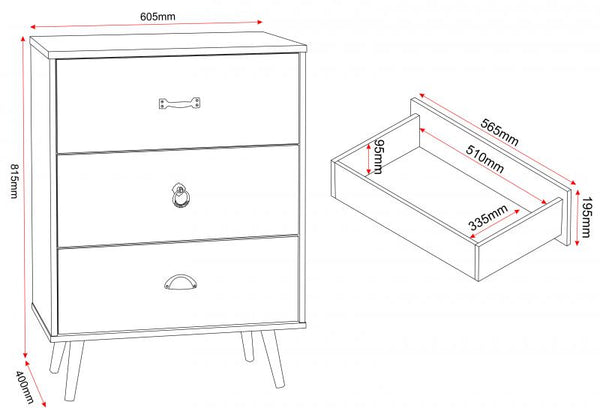 Nordic 3 Drawer chest in White/Distressed Effect