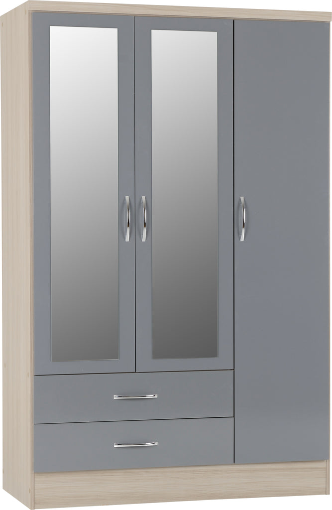 3 Door 2 Drawer Mirrored Wardrobe in Grey Gloss/Light Oak Effect Veneer