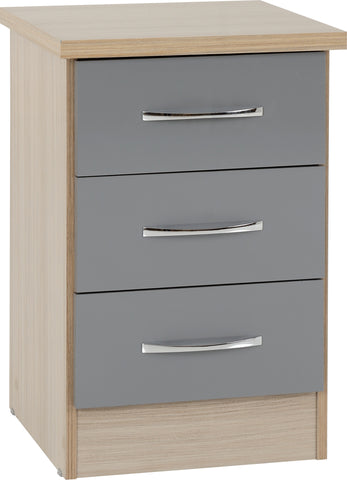 Nevada 3 Drawer Bedside Chest in Grey Glos/Light Oak Veneer.
