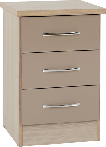 Nevada 3 Drawer Bedside Chest in Oyster Glos/Light Oak Veneer.