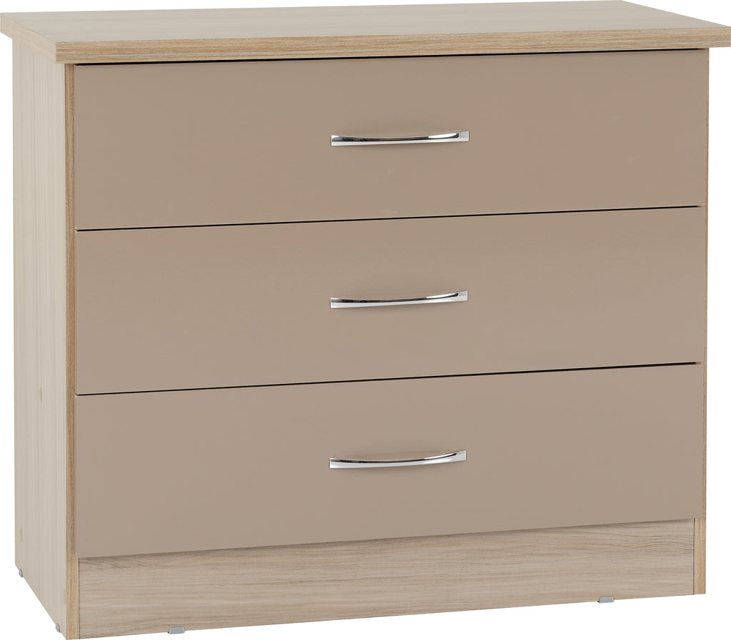 Nevada 3 Drawer Chest in Oyster Gloss/Light Oak Effect Veneer