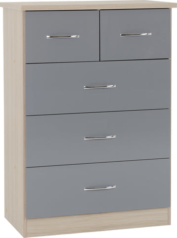 Nevada 3+2 Drawer Chest in Grey Gloss/Light Oak Effect Veneer
