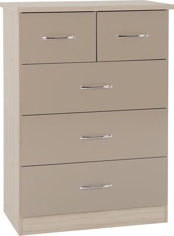 Nevada 3+2 Drawer Chest in Oyster Gloss/Light Oak Effect Veneer