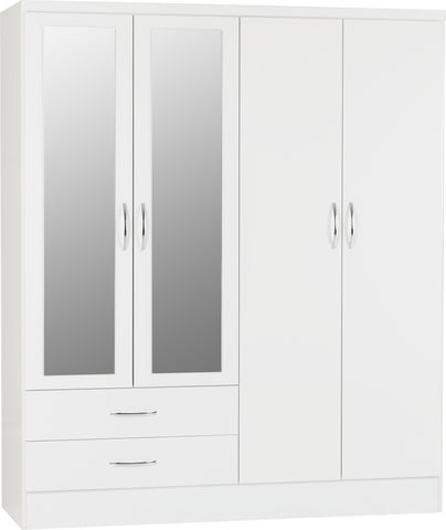 Nevada 4 Door 2 Drawer Mirrored Wardrobe in White Gloss