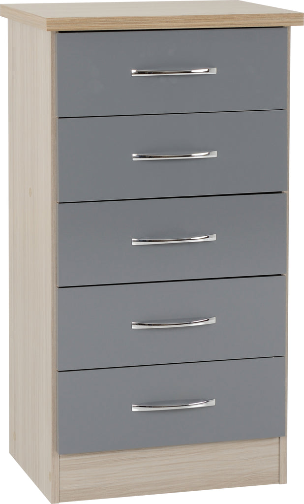 Nevada 5 Drawer Narrow Chest in Grey Gloss/Light Oak Effect Veneer