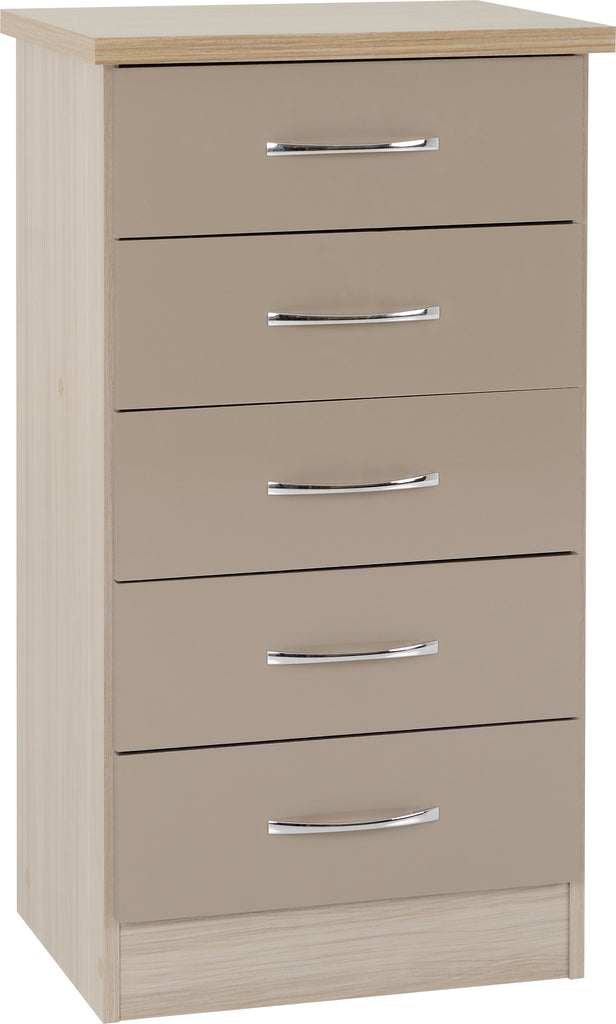 Nevada 5 Drawer Narrow Chest in Oyster Gloss/Light Oak Effect Veneer