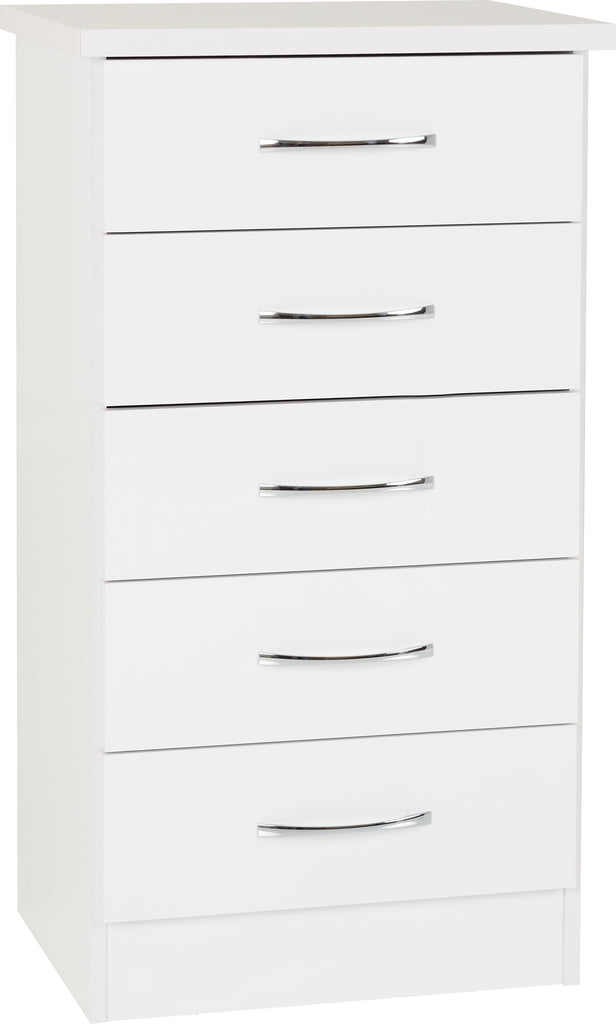 Nevada 5 Drawer Narrow Chest in White Gloss