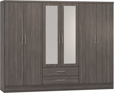 Nevada 6 Door 2 Drawer Mirrored Wardrobe in Black Wood Grain Effect Venner