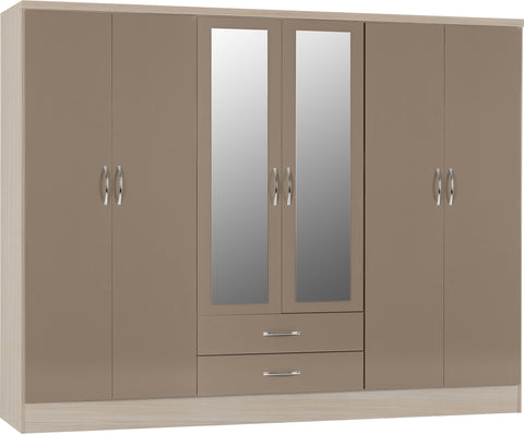 Nevada 6 Door 2 Drawer Mirrored Wardrobe in Oyster Gloss/Light Oak Venner