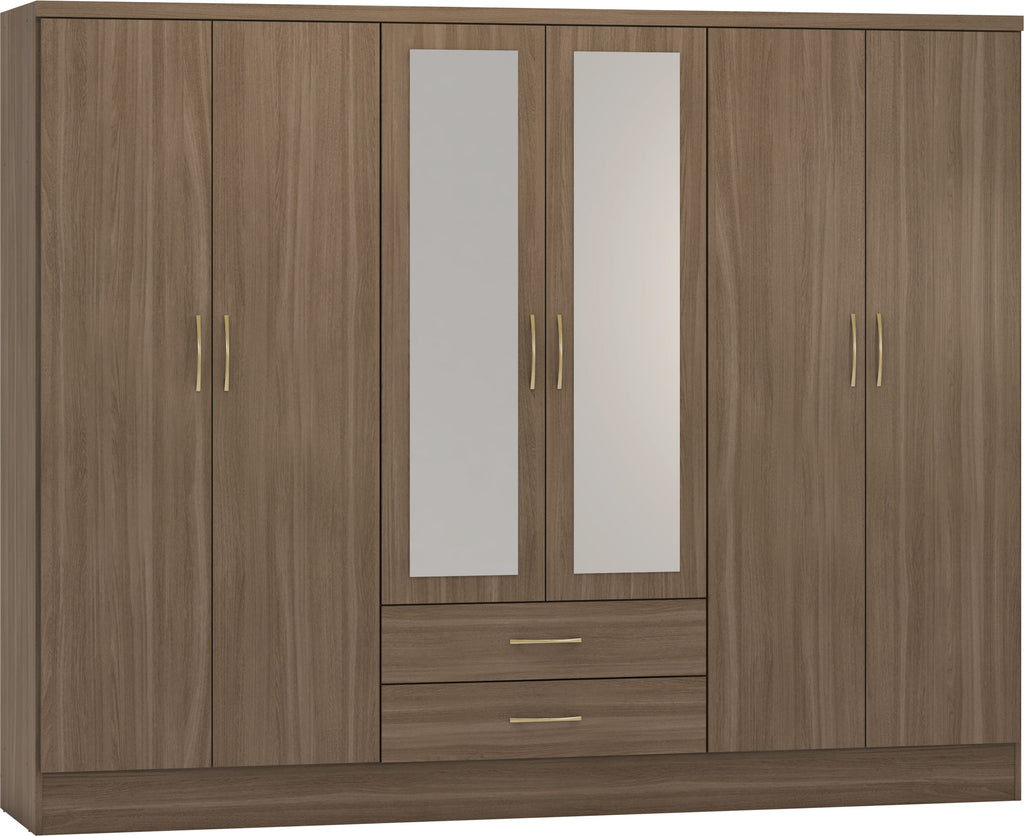 Nevada 6 Door 2 Drawer Mirrored Wardrobe in Rustic Oak Effect Venner