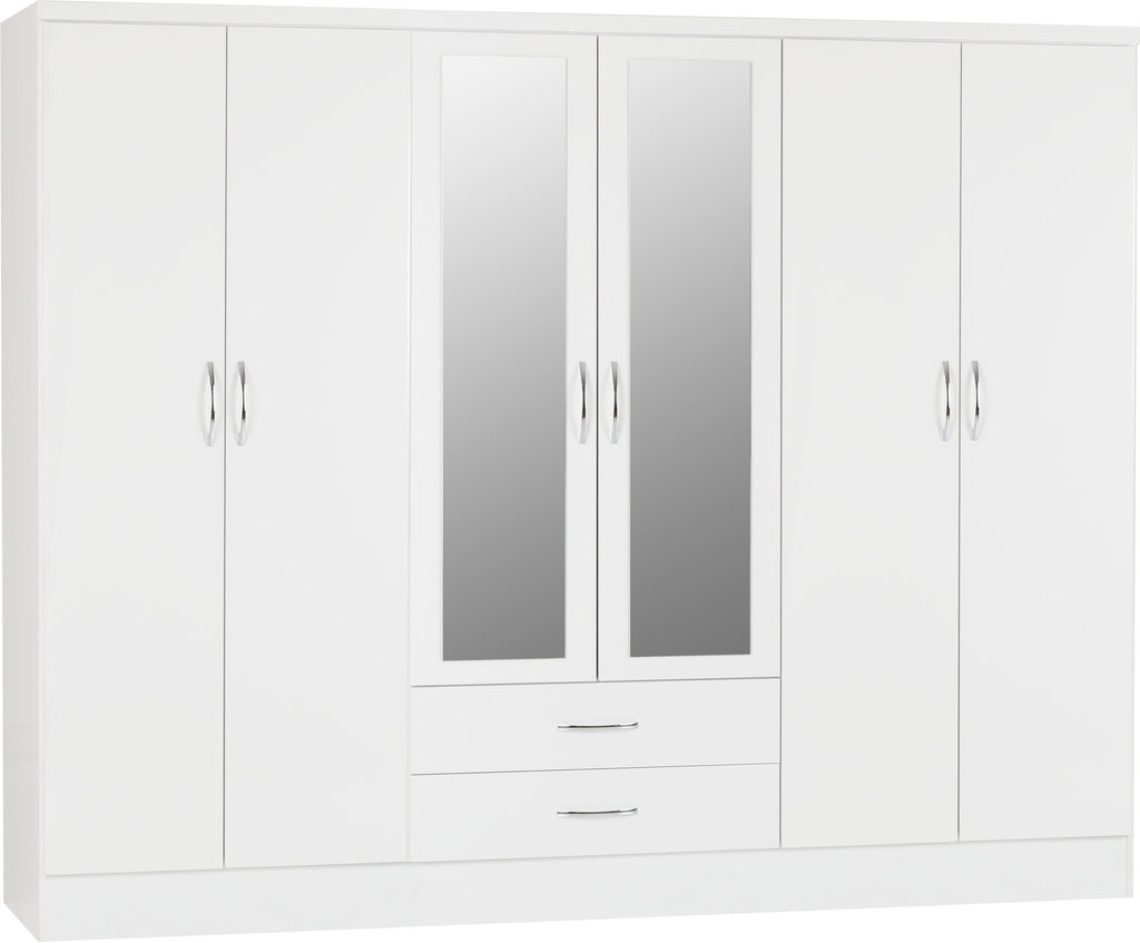 Nevada 6 Door 2 Drawer Mirrored Wardrobe in White Gloss