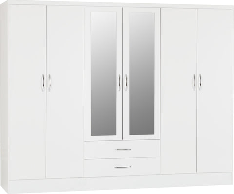 Nevada 6 Door 2 Drawer Mirrored Wardrobe in White Gloss