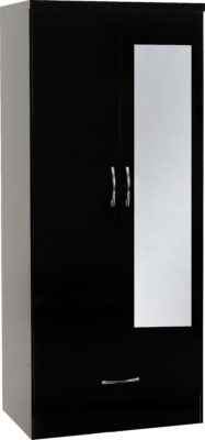 Nevada 2 Door 1 Door Mirrored 1 Drawer Wardrobe in Black Gloss