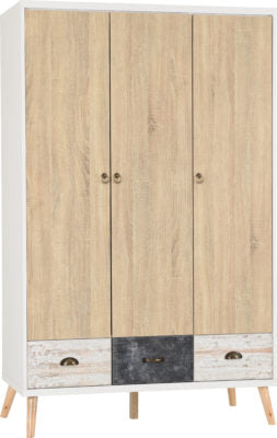 Nordic 3 Door 3 Drawer Wardrobe in White/Distressed Effect