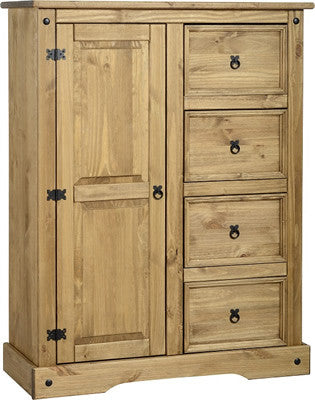 Corona 1 Door 4 Drawer Low Wardrobe in Distressed Waxed Pine