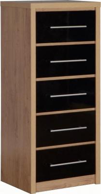 Seville 5 Drawer Narrow Chest in Light Oak Effect Veneer/Black High Gloss