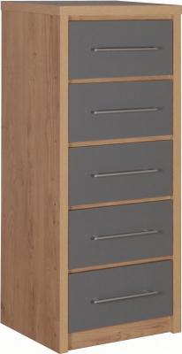 Seville 5 Drawer Narrow Chest in Light Oak Effect Veneer/Grey High Gloss