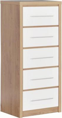 Seville 5 Drawer Narrow Chest in Light Oak Effect Veneer/White High Gloss