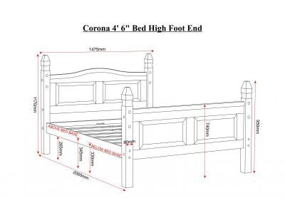 Corona 4'6" Wooden  Bed High Foot End in Distressed Waxed Pine.