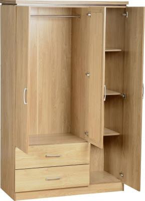 Charles 3 Door 2 Drawer Mirrored Wardrobe in Oak Effect Veneer with Walnut Trim also NOW Available in White