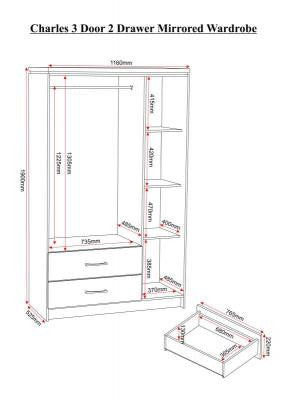 Charles 3 Door 2 Drawer Mirrored Wardrobe in Oak Effect Veneer with Walnut Trim also NOW Available in White