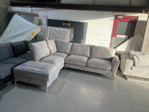 Small corner sofa with footstool in Kensington Silver.