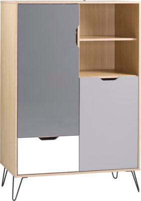 Bergen Tall Sideboard/Winerack in Oak Effect/Whjte /Grey