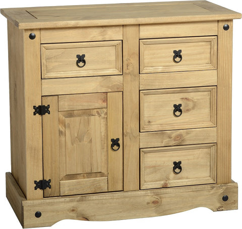 Corona 1 Door 4 Drawer Sideboard in Distressed Waxed Pine.