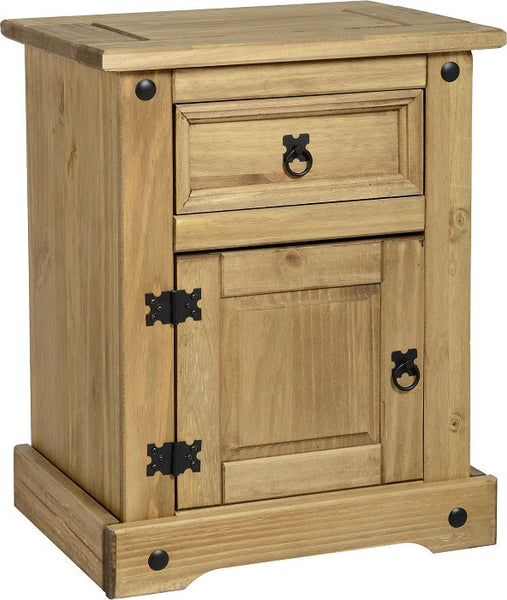 Corona 1 Drawer 1 Door Bedside Cabinet in Distressed Waxed Pine.