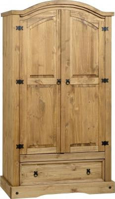 Corona 2 Door 1 Drawer Wardrobe in Distressed Waxed Pine.