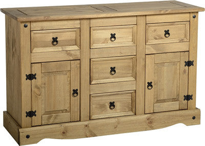 Corona 2 Door 5 Drawer Sideboard in Distressed Waxed Pine.
