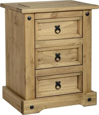 Corona 3 Drawer Bedside Chest in Distressed Waxed Pine.