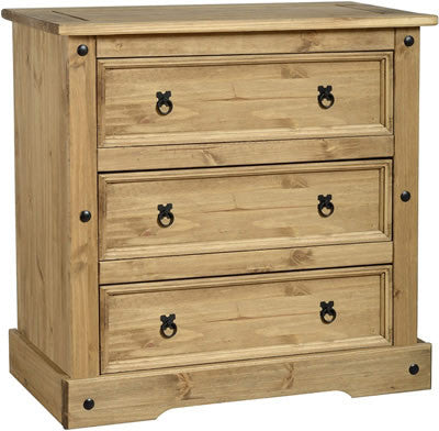 Corona 3 Drawer large chest in Distressed Wax Pine.