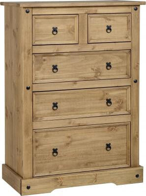 Corona 3+2 Chest of Drawers in Distressed Waxed Pine.