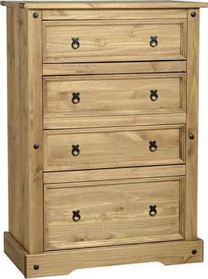 Corona 4 Drawer Chest of Drawers in Distressed Waxed Pine.