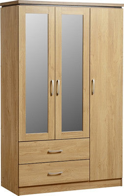 Charles 3 Door 2 Drawer Mirrored Wardrobe in Oak Effect Veneer with Walnut Trim also NOW Available in White