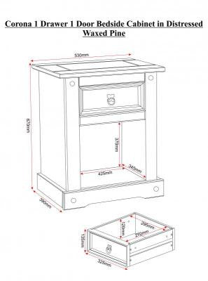 Corona 1 Drawer 1 Door Bedside Cabinet in Distressed Waxed Pine.