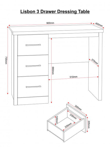 Lisbon 3 drawer dressing table set available in either light oak veneer effect or black wood grain