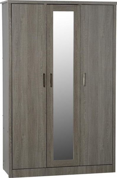 Lisbon 3 door wardrobe available in either light oak veneer effect or black wood grain