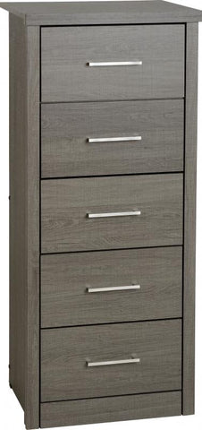 Lisbon 5 Drawer Narrow chest available in either light oak veneer effect or black wood grain