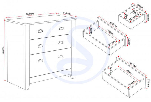 Ludlow 2+2 Drawer chest in White/Oak Lacquer or Grey/Oak Lacquer