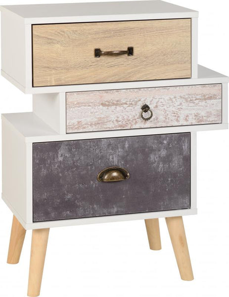 Nordic 3 Drawer bedside chest in White/Distressed Effect