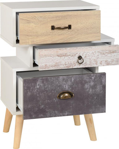 Nordic 3 Drawer bedside chest in White/Distressed Effect