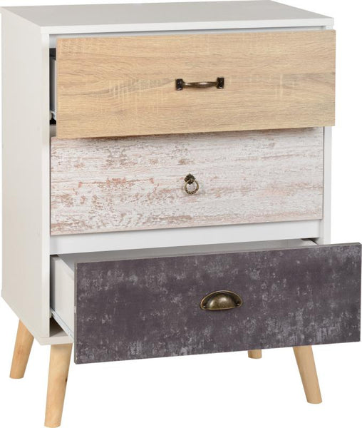Nordic 3 Drawer chest in White/Distressed Effect