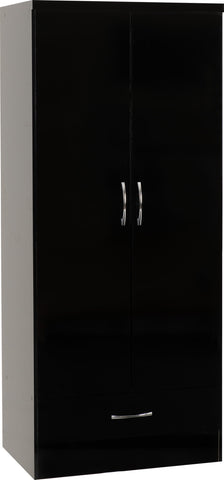 Nevada 2 Door 1 Drawer Wardrobe in Black Gloss