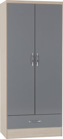 Nevada 2 Door 1 Drawer Wardrobe in Grey Gloss/Light Oak Effect Veneer