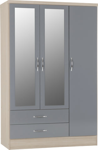 3 Door 2 Drawer Mirrored Wardrobe in Grey Gloss/Light Oak Effect Veneer