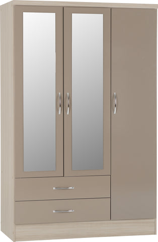 3 Door 2 Drawer Mirrored Wardrobe in Oyster Gloss/Light Oak Effect Veneer
